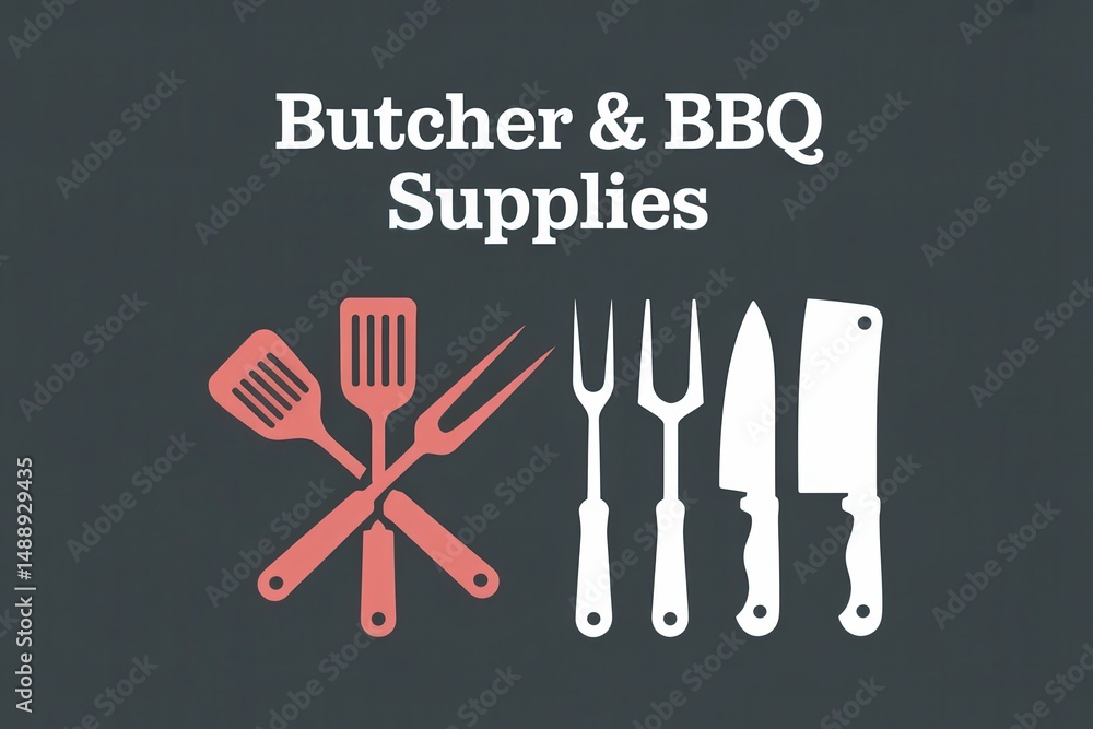 Fototapeta premium Illustration of BBQ and butcher tools on dark background.