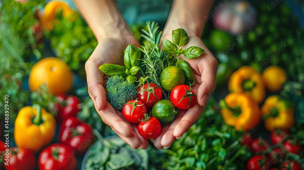 Fototapeta premium Close-up of hands holding fresh vegetables and herbs, symbolizing healthy eating, organic farming, and food safety for a nutritious lifestyle. 