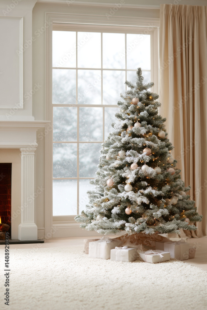Fototapeta premium beautifully decorated christmas tree in cozy living room with single stunning ornament catching light