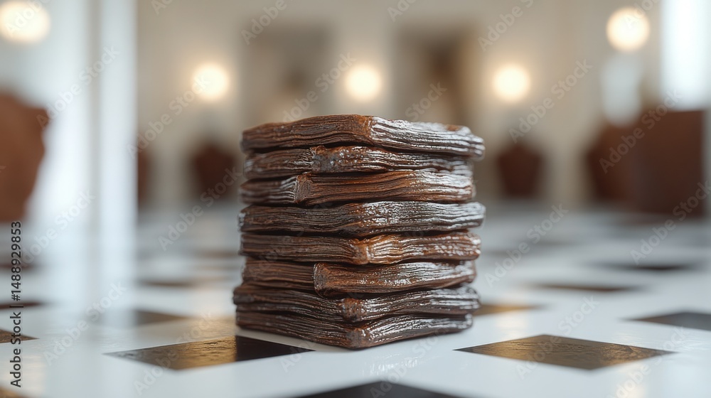 Stack of dark brown books on checkered surface