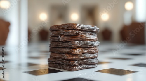 Obraz na płótnie Stack of dark brown books on checkered surface w salonie