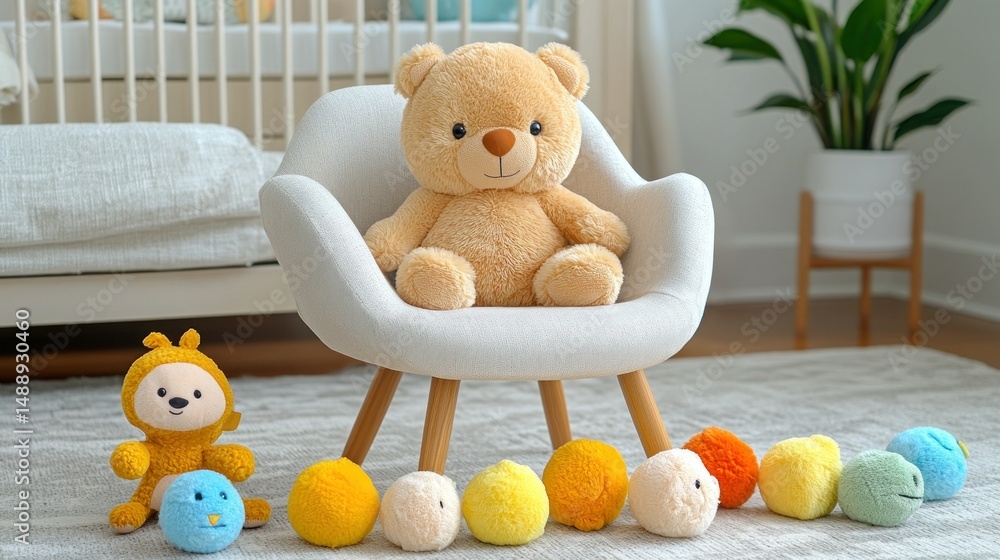 Stuffed teddy bear and colorful plush toys on a small chair in a nursery