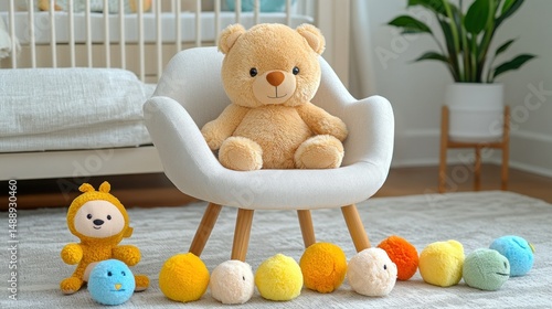Obraz na płótnie Stuffed teddy bear and colorful plush toys on a small chair in a nursery w salonie