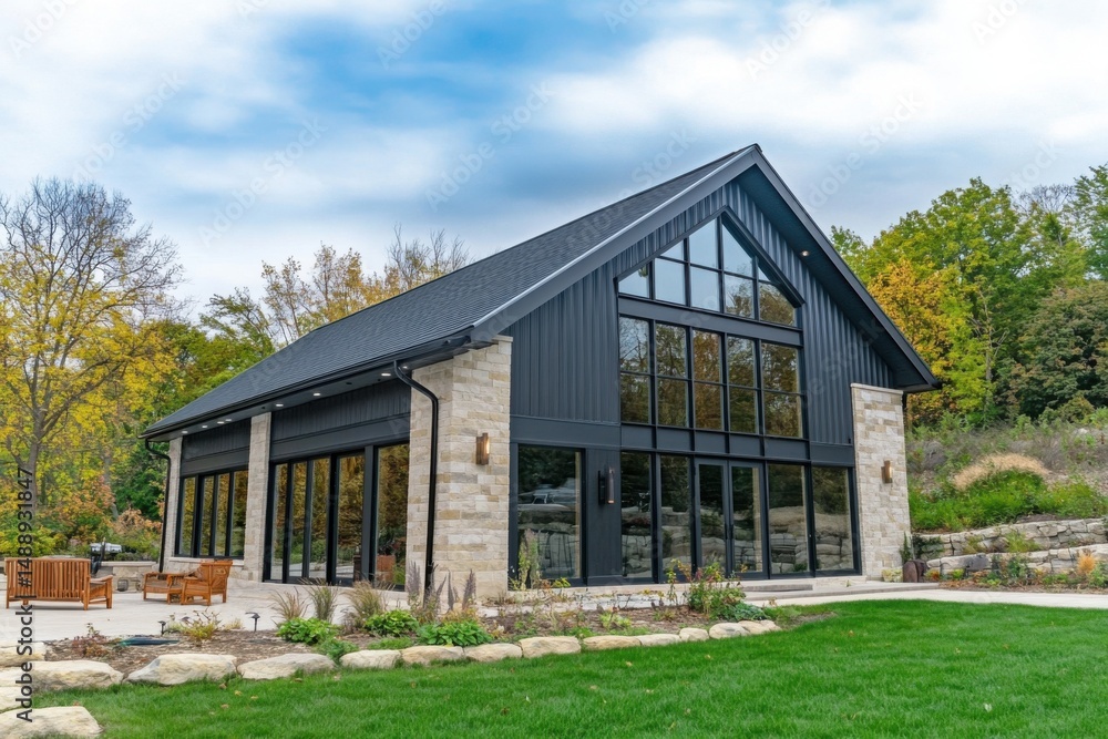 Obraz premium Modern architectural design features large glass windows and stone exterior in a serene landscape surrounded by autumn trees