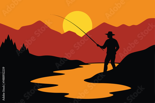 A solitary fisherman casts his rod, silhouetted against the vibrant sunset over the tranquil lake