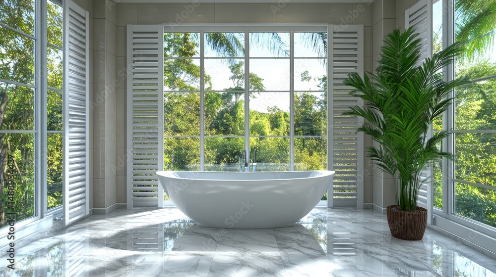 Fototapeta premium This modern bathroom boasts a bright and spacious design, complete with a large illuminated mirror, a wide sink, and taps that can be used by multiple people at once