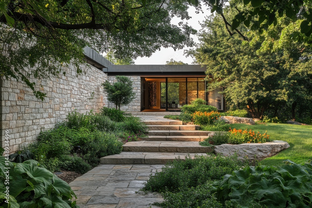 Beautiful modern house entrance with stone walkway surrounded by vibrant greenery in a serene natural setting during the late afternoon Beautiful modern house entrance with stone walkway surrounded by vibrant greenery in a serene natural setting during the late afternoon