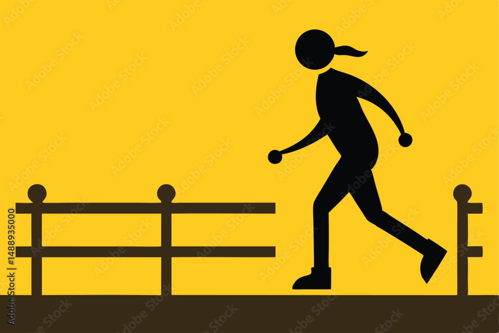 Obraz premium A simple figure jumping over a fence against a yellow background, minimal style vector illustration 