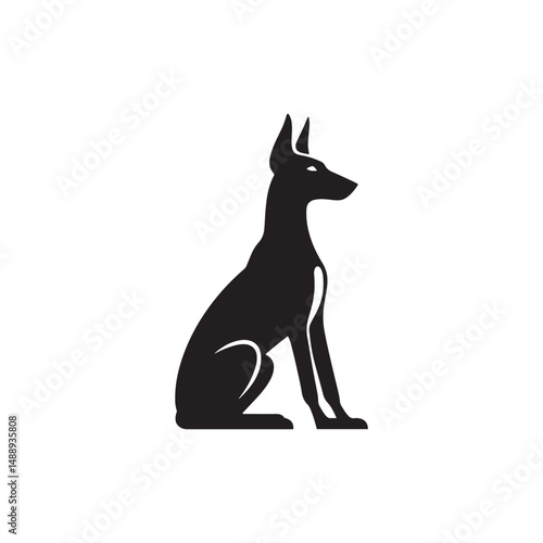 Pharaoh Hound silhouette showcases sleek, elegant lines of this ancient breed, highlighting its athletic build, pointed ears, graceful posture, alert expression, and noble desert heritage.
