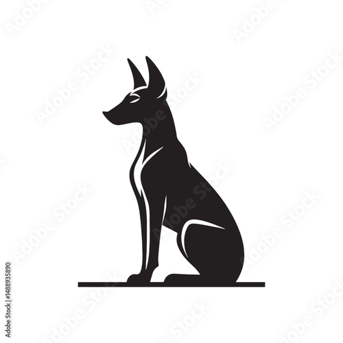 Pharaoh Hound silhouette showcases sleek, elegant lines of this ancient breed, highlighting its athletic build, pointed ears, graceful posture, alert expression, and noble desert heritage.
