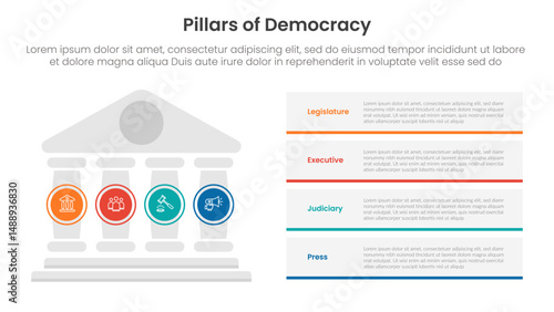 4 pillars democracy infographic template banner with pillars on left and rectangle box stack for slide presentation