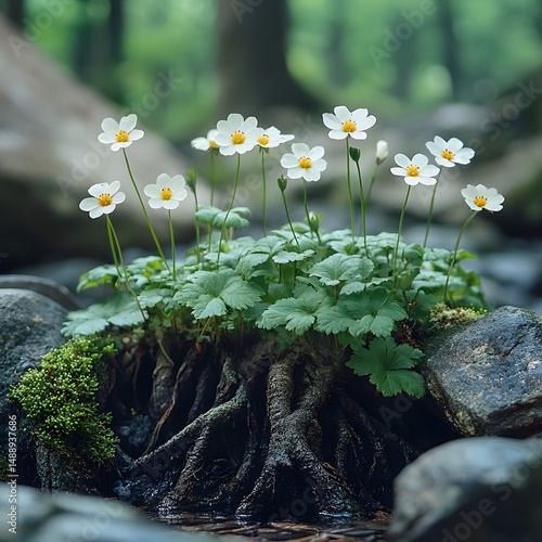 Delicate white flowers cluster on a rocky stream bed, nestled amongst mossy stones and lush green foliage