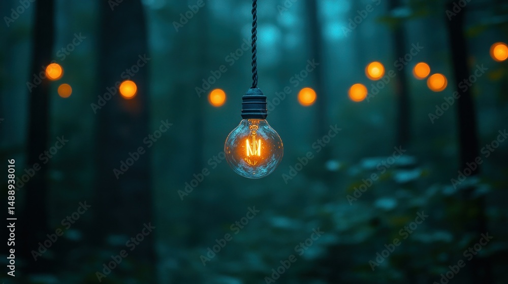 Warm light bulb in misty forest