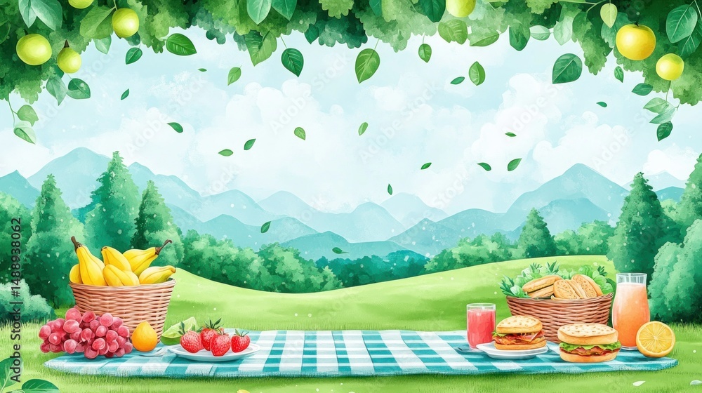 Watercolor picnic scene with fruits, vegetables, and sandwiches