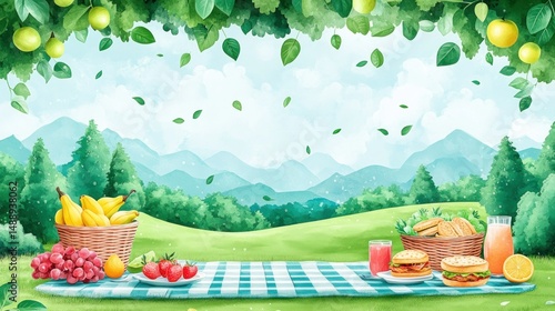 Watercolor picnic scene with fruits, vegetables, and sandwiches