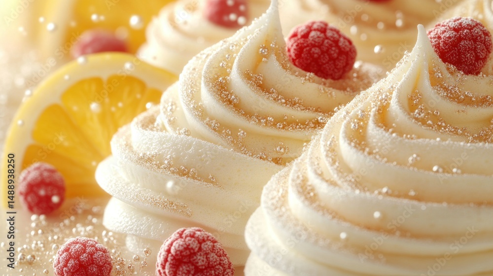 Whipped dessert pastries topped with raspberries and lemon