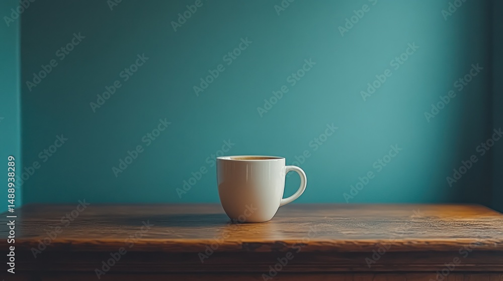 White mug of coffee on wooden table, teal wall