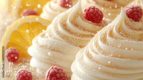 Whipped dessert pastries topped with raspberries and lemon