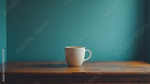 Obraz na płótnie White mug of coffee on wooden table, teal wall w salonie
