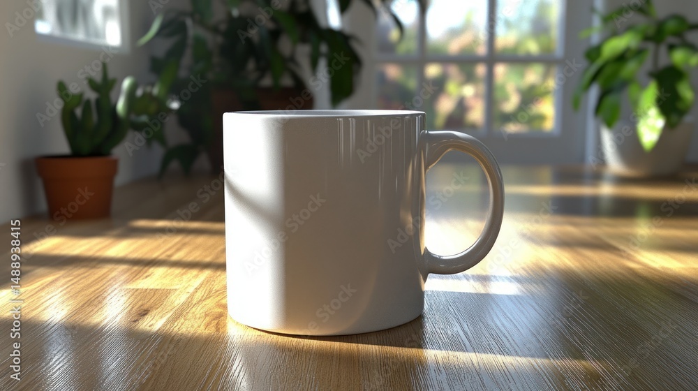 White mug on a wooden table, sunny room