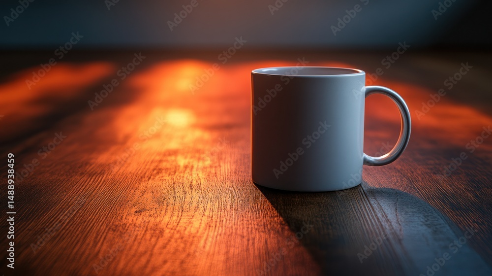 White mug on wooden table, warm orange light