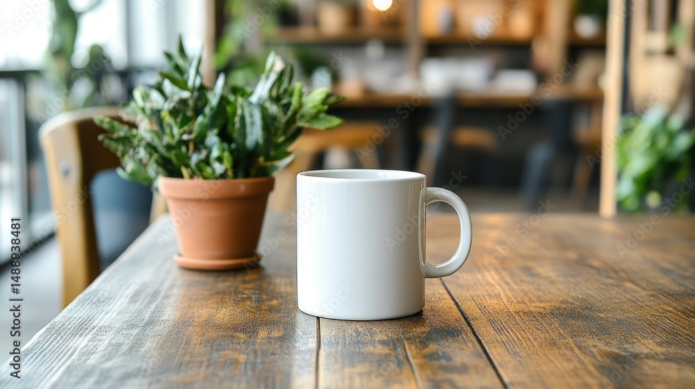 White mug on wooden table, plant in terracotta pot, cafe setting