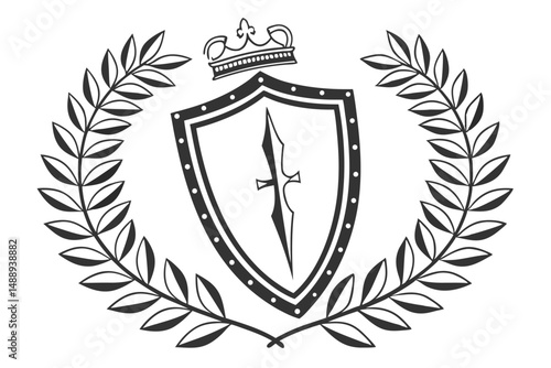 Heraldic Crest with Spear, Shield, Crown, and Laurel Wreath Design for Logo and Decorative Element.