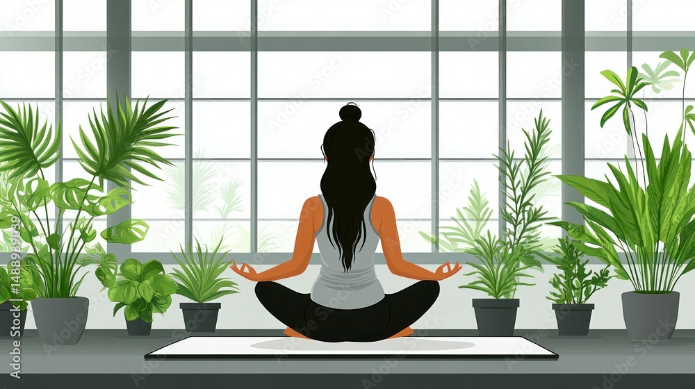 Woman meditating by window with plants