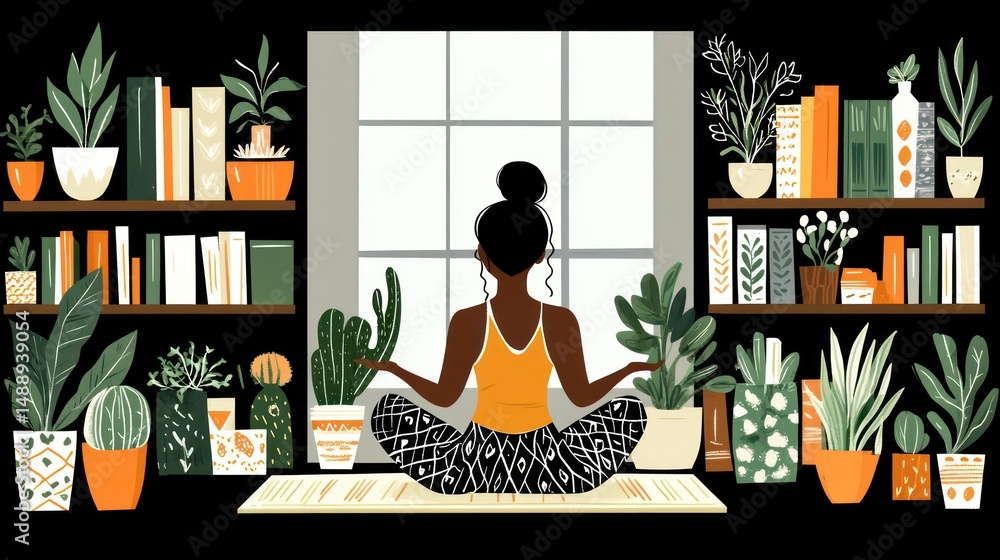 Woman meditating by window, surrounded by plants and bookshelves