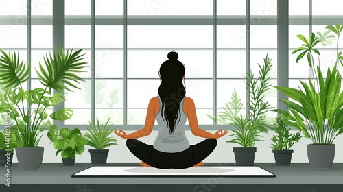 Woman meditating by window with plants