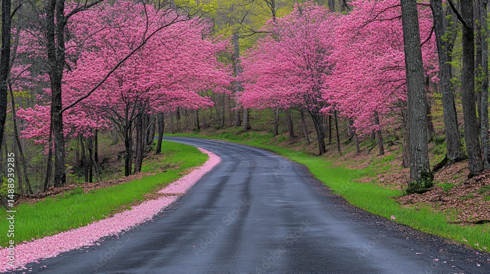 Naklejka premium Winding road through a pink blossom-filled forest