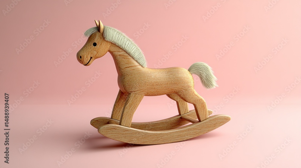 Wooden rocking horse on a pink background
