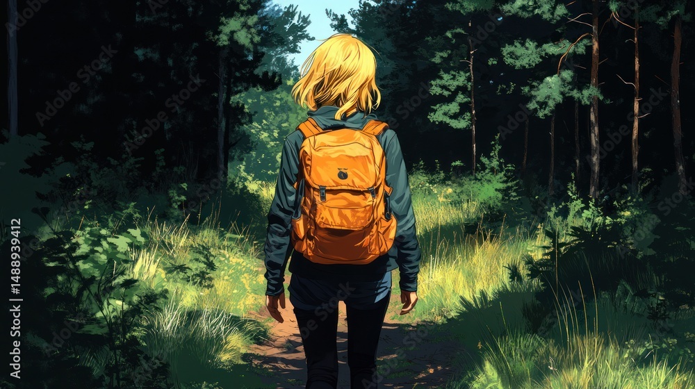 Woman with backpack walks forest path