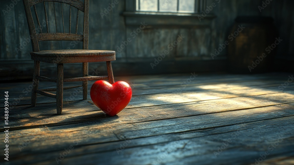 Wooden chair, red heart on aged floor