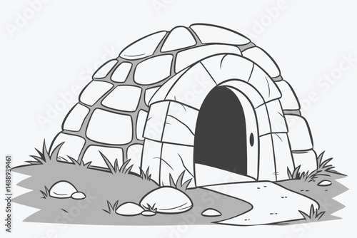 Cartoon Igloo Illustration with Stone Blocks, Grass and Rocks, Isolated on White Background. Eskimo shelter and winter habitat.