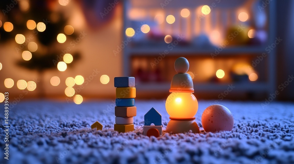 Wooden toys on carpet, warm glow
