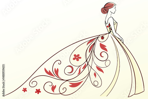 Elegant Woman in Floral Gown, Stylized Illustration for Fashion Design, Artistic Graphic, Wedding Invitation, Beauty Concept.
