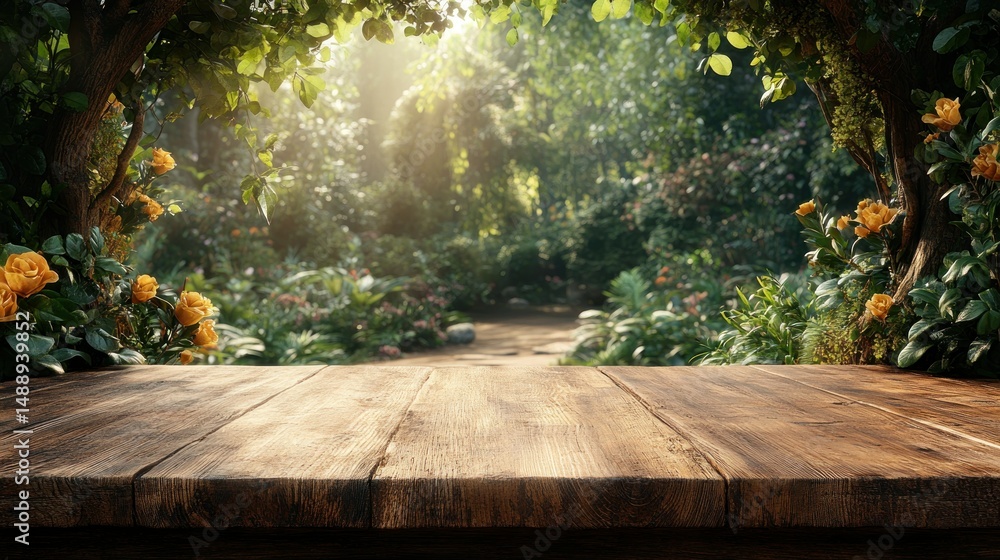 Wooden table in a sunlit garden. Lush greenery, golden light, and flowers frame a pathway
