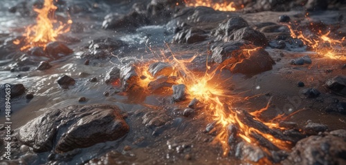 Close-up textures of earth, air, fire, and water elements,  granular,  element