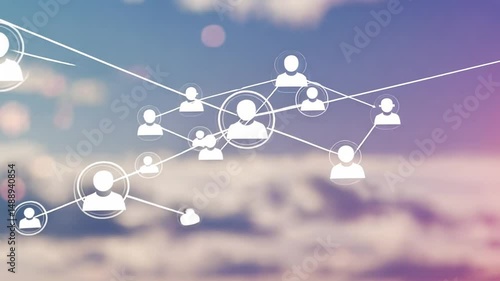 Abstract Network Connecting People Silhouettes Against Soft Sky Backdrop with Light Effect
