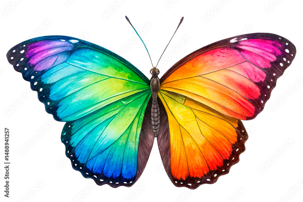Obraz premium Vibrant Rainbow Butterfly Wings Colorful Insect Nature Art Digital Painting, isolated on transparent background - generated by ai