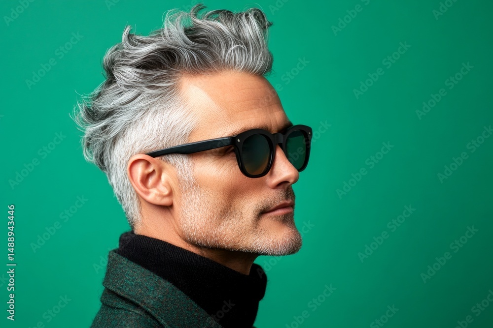 Obraz premium Conceptual art of style for aging men. Green solid background. Fashionable men's quiff haircut - midlife white man with grey hair. A sophisticated male posing with grace.