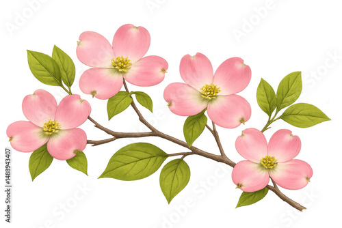 Realistic dogwood branch displaying soft pink blossoms and verdant foliage, rendered against transparent backdrop