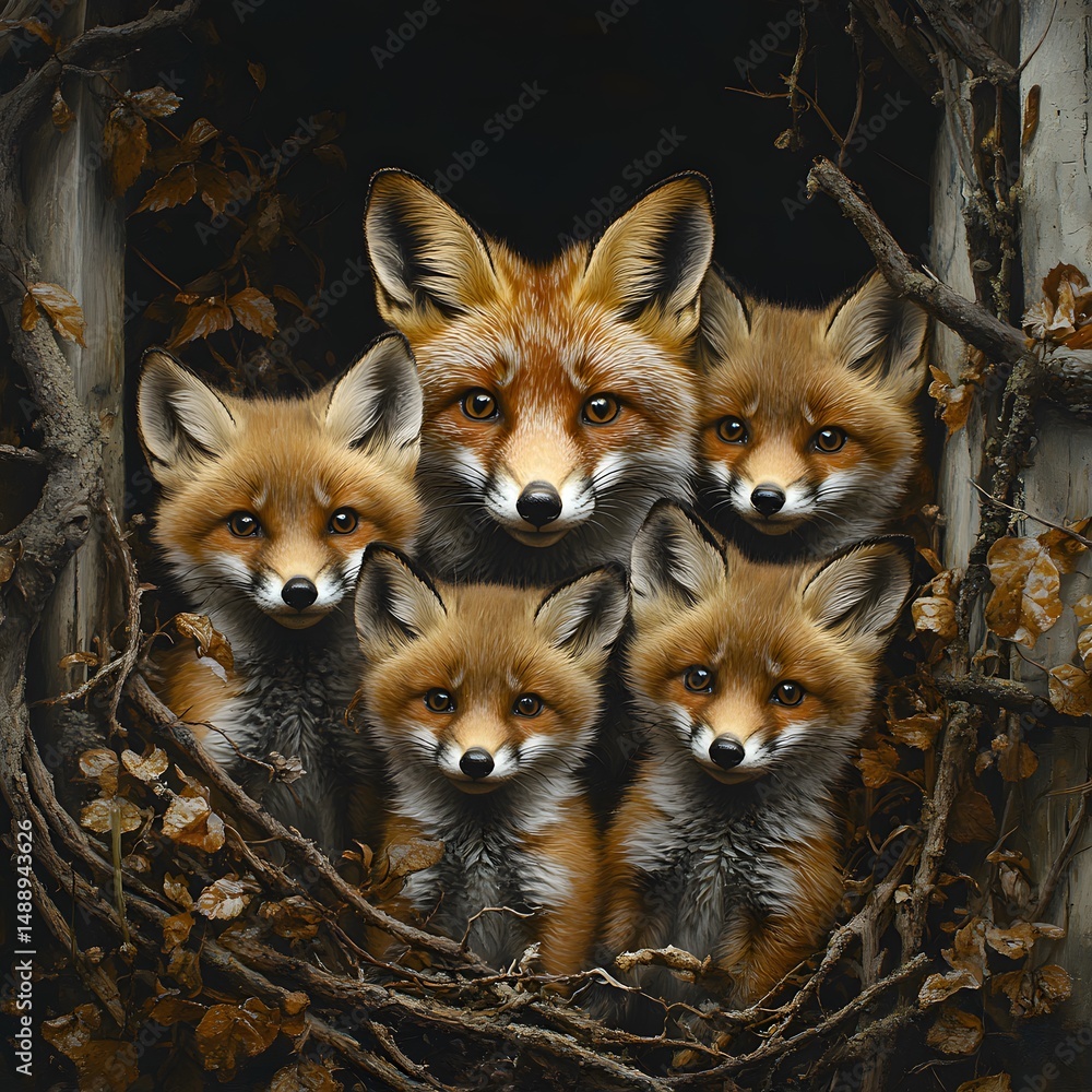 Obraz premium Five red foxes, likely kits, nestled in a natural structure, looking directly at the viewer. Dark background
