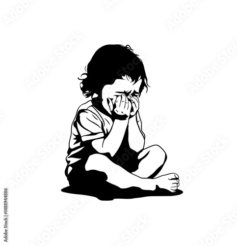 Crying child or crying kid vector in black color on white background.