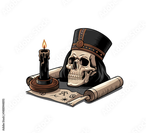 Black magic vector illustration isoated on white. Human skull with cap and papers with candle.