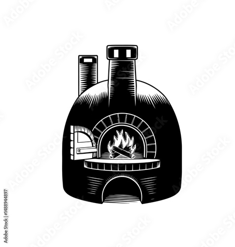 Cylindrical brick oven vector in black color with white background. Pizza oven icon. 
