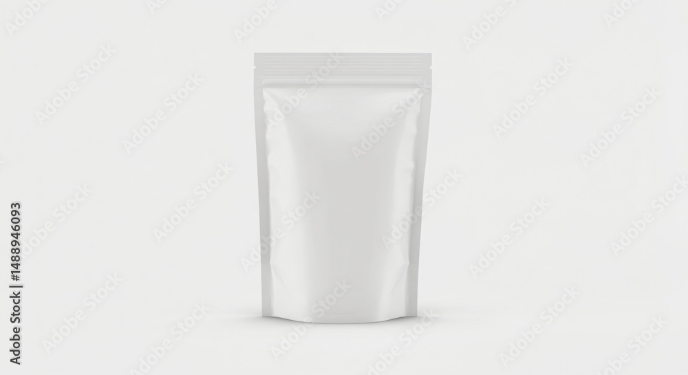 Plain white stand-up pouch with a resealable zipper top. It is set against a simple, light background. Typically used for packaging products like food, coffee, or other dry goods. Plain white stand-up pouch with a resealable zipper top. It is set against a simple, light background. Typically used for packaging products like food, coffee, or other dry goods.