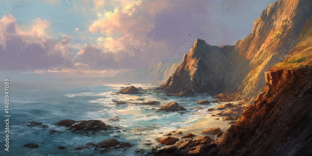 Obraz premium Serene coastal cliffs bathed in the warm glow of the setting sun. The ocean waves gently crash against the rocky shore, creating a picturesque scene.