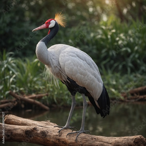 Grey Crowned Crane on Log: Majestic grey crowned crane stands gracefully on a log, showcasing its elegant plumage, striking red crown, and golden crest against a backdrop of lush greenery. 